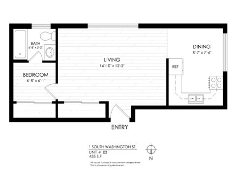 Floor plan for studio, 1 bath, 435 sqft